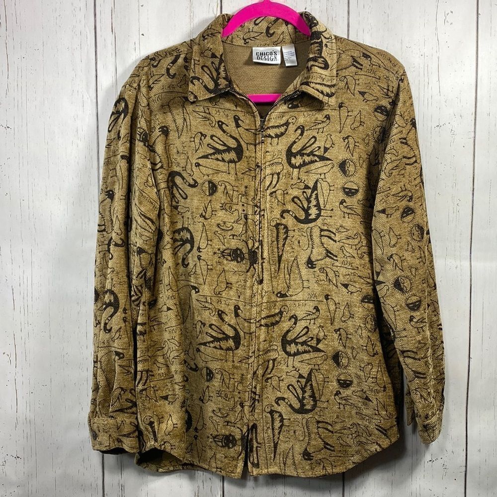 Vintage Chicos Abstract Print Zip Front Shirt Jacket Artsy Boho Lagenlook Earthy